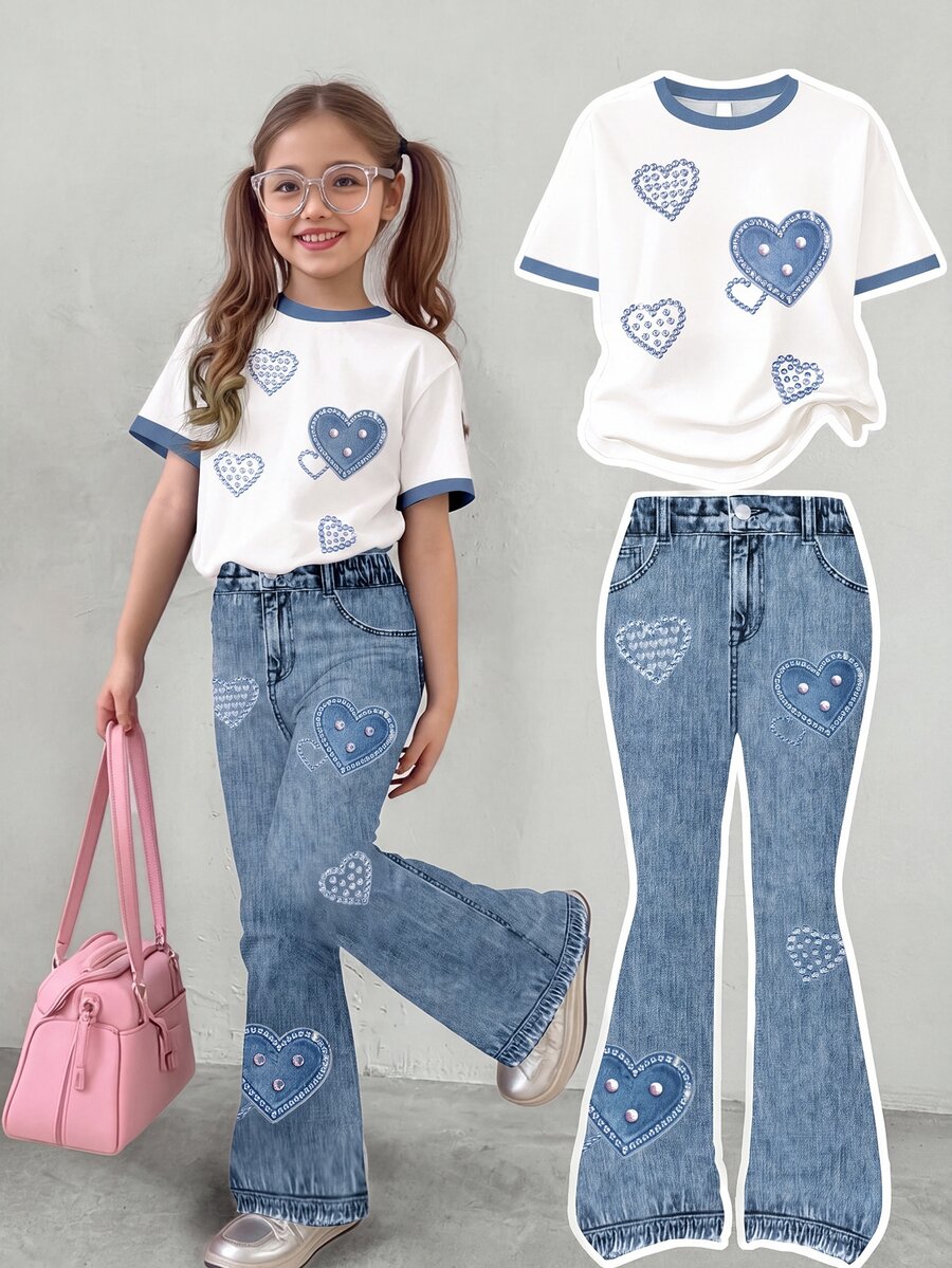 SHEIN 2pcs/Set Teen Girl Casual Heart Pattern Loose Fit Round Neck Short Sleeve T-Shirt And Flare Leg Pants - Multicolor - View 1