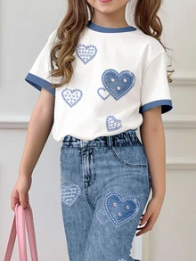 SHEIN 2件套少女休闲爱心图案宽松圆领短袖T恤和喇叭裤 - 彩色 - 查看 4