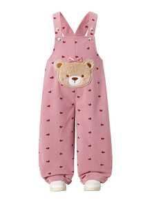 SHEIN Girls' Solid Color One-Piece Long Pants, Body Printed With Small Hearts, Decorated With 3D Bows And Bear Patches, Cute And Fashionable, Suitable For Multiple Occasions, Suitable For Spring And Autumn, Suitable For Daily Outings - Pink - View 4