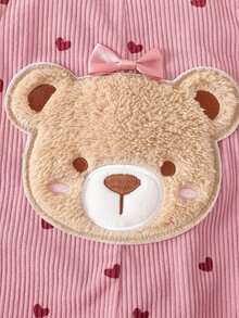 SHEIN Girls' Solid Color One-Piece Long Pants, Body Printed With Small Hearts, Decorated With 3D Bows And Bear Patches, Cute And Fashionable, Suitable For Multiple Occasions, Suitable For Spring And Autumn, Suitable For Daily Outings - Pink - View 6