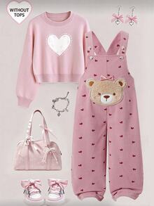 SHEIN Girls' Solid Color One-Piece Long Pants, Body Printed With Small Hearts, Decorated With 3D Bows And Bear Patches, Cute And Fashionable, Suitable For Multiple Occasions, Suitable For Spring And Autumn, Suitable For Daily Outings - Pink - View 3