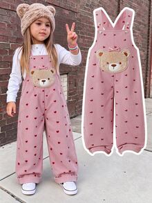SHEIN Girls' Solid Color One-Piece Long Pants, Body Printed With Small Hearts, Decorated With 3D Bows And Bear Patches, Cute And Fashionable, Suitable For Multiple Occasions, Suitable For Spring And Autumn, Suitable For Daily Outings - Pink - View 1