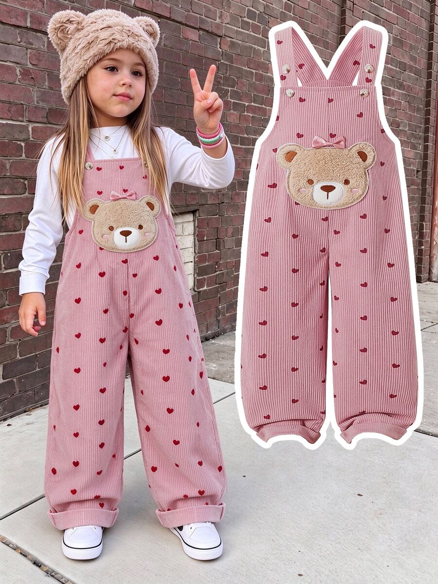 SHEIN Girls' Solid Color One-Piece Long Pants, Body Printed With Small Hearts, Decorated With 3D Bows And Bear Patches, Cute And Fashionable, Suitable For Multiple Occasions, Suitable For Spring And Autumn, Suitable For Daily Outings - Pink - View 1