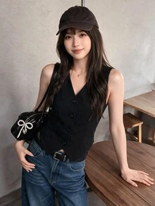K-Vae Casual Solid Color Knitted V-Neck Sleeveless Fitted Ladies Vest In Summer Business Office Black - Black - View 4