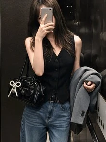 K-Vae Casual Solid Color Knitted V-Neck Sleeveless Fitted Ladies Vest In Summer Business Office Black - Black - View 5