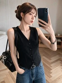 K-Vae Casual Solid Color Knitted V-Neck Sleeveless Fitted Ladies Vest In Summer Business Office Black - Black - View 6