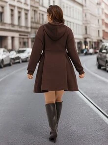 SHEIN LUNE Plus Size Women Solid Color Casual Everyday Hooded Dress Fall - Coffee Brown - View 7