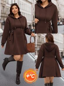 SHEIN LUNE Plus Size Women Solid Color Casual Everyday Hooded Dress Fall - Coffee Brown - View 2