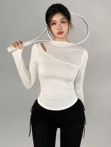 DAZY Four Seasons Korean Style White Hollow Contrast Mesh Fitted Long Sleeve Design Fitness Yoga Base Layer Women's Sports T-Shirt - White - View 1