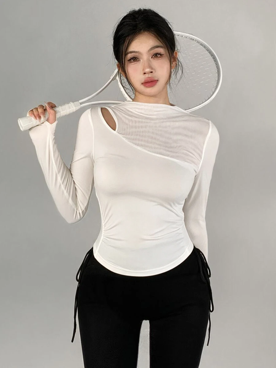 DAZY Four Seasons Korean Style White Hollow Contrast Mesh Fitted Long Sleeve Design Fitness Yoga Base Layer Women's Sports T-Shirt - White - View 1