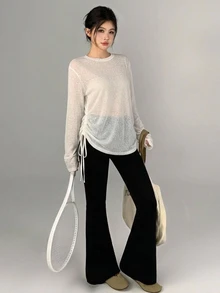 DAZY Women's Korean Style Beige Round Neck Thin Side Drawstring Long Sleeve Loose Casual Base Layer Sports T-Shirt, Spring/Autumn - White - View 5