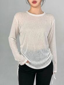 DAZY Women's Korean Style Beige Round Neck Thin Side Drawstring Long Sleeve Loose Casual Base Layer Sports T-Shirt, Spring/Autumn - White - View 6