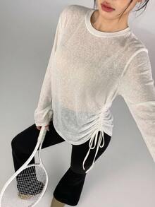 DAZY Women's Korean Style Beige Round Neck Thin Side Drawstring Long Sleeve Loose Casual Base Layer Sports T-Shirt, Spring/Autumn - White - View 1