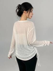 DAZY Women's Korean Style Beige Round Neck Thin Side Drawstring Long Sleeve Loose Casual Base Layer Sports T-Shirt, Spring/Autumn - White - View 2
