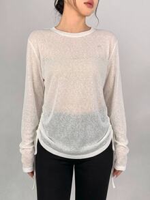 DAZY Women's Korean Style Beige Round Neck Thin Side Drawstring Long Sleeve Loose Casual Base Layer Sports T-Shirt, Spring/Autumn - White - View 4