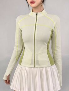 DAZY All-Season Korean Style Stand Collar Zip-Up Neon Green Colorblock Slim Fit Waist-Cinching Long Sleeve Fitness Running Women's Sports Jacket - Beige - View 8
