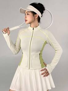DAZY All-Season Korean Style Stand Collar Zip-Up Neon Green Colorblock Slim Fit Waist-Cinching Long Sleeve Fitness Running Women's Sports Jacket - Beige - View 7