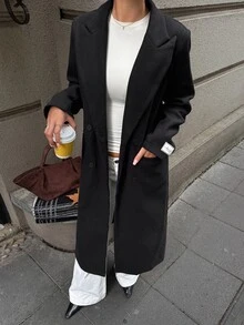 DAZY Autumn/Winter Black Lapel Double-Breasted Mid-Length Loose Straight Design Elegant Commute Business Street Casual Women's Overcoat - Black - View 2