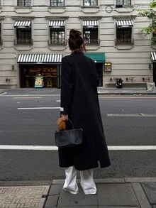 DAZY Autumn/Winter Black Lapel Double-Breasted Mid-Length Loose Straight Design Elegant Commute Business Street Casual Women's Overcoat - Black - View 4
