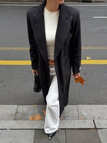 DAZY Autumn/Winter Black Lapel Double-Breasted Mid-Length Loose Straight Design Elegant Commute Business Street Casual Women's Overcoat - Black - View 3