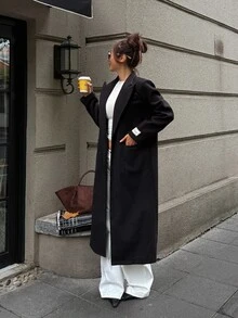 DAZY Autumn/Winter Black Lapel Double-Breasted Mid-Length Loose Straight Design Elegant Commute Business Street Casual Women's Overcoat - Black - View 6