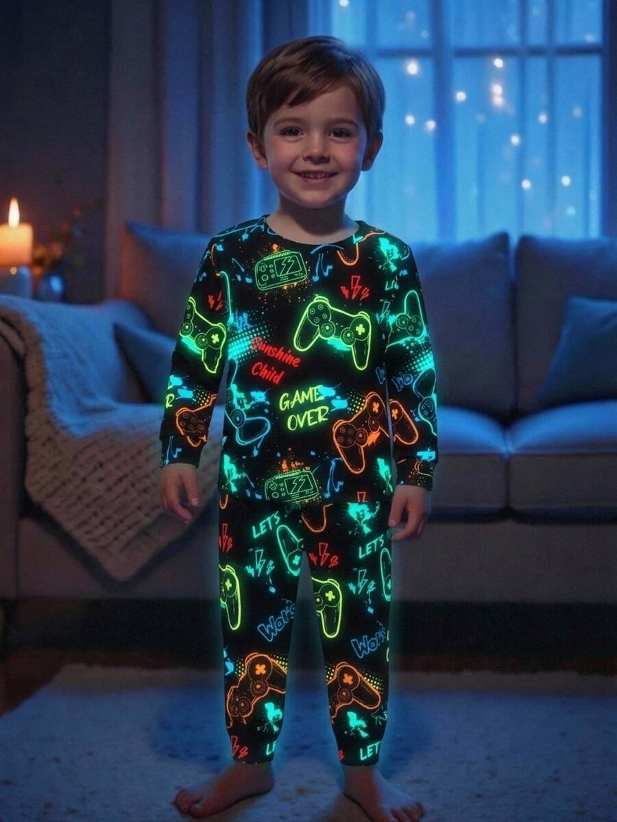 SHEIN Young Boy Gamepad Print Pajamas Set - Navy Blue - View 1
