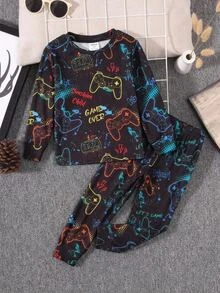 SHEIN Young Boy Gamepad Print Pajamas Set - Navy Blue - View 7