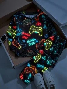 SHEIN Young Boy Gamepad Print Pajamas Set - Navy Blue - View 2