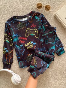 SHEIN Young Boy Gamepad Print Pajamas Set - Navy Blue - View 5