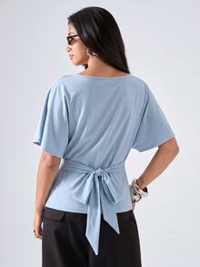 LYSMO Women's Casual Elegant Comfortable Wide Collar Light Blue Ruched Waist Mid-Length Sleeve Top Brunch Office Summer - Baby Blue - View 2