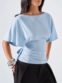 LYSMO Women's Casual Elegant Comfortable Wide Collar Light Blue Ruched Waist Mid-Length Sleeve Top Brunch Office Summer - Baby Blue - View 6