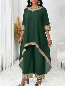 SHEIN Lady Women's Loose Fit Green Tunic Top And Pants Set With Pattern Detail Comfortable And Stylish Two Piece Outfit Fall - Dark Green - View 3