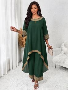 SHEIN Lady Women's Loose Fit Green Tunic Top And Pants Set With Pattern Detail Comfortable And Stylish Two Piece Outfit Fall - Dark Green - View 1