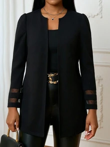 SHEIN Lady Business Casual Plus Size Women Solid Color Mesh Patchwork Long Sleeve Open Front Jacket Black Blazer Sheer Top Petal Suit Fall Formal, Autumn/Winter - Black - View 4
