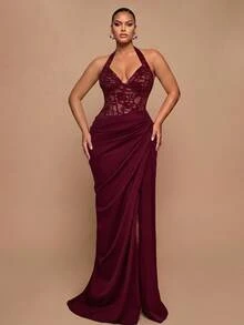 Glamrae Plus Size Elegant Luxurious Red Halter Neck Bustier With Boning And Lace Patchwork Satin Ruched Slit Back Tie Mermaid Skirt, Suitable For Wedding, Party, Bachelorette, Vacation, Prom, Evening Gala - Burgundy - View 8