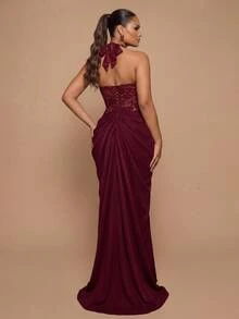 Glamrae Plus Size Elegant Luxurious Red Halter Neck Bustier With Boning And Lace Patchwork Satin Ruched Slit Back Tie Mermaid Skirt, Suitable For Wedding, Party, Bachelorette, Vacation, Prom, Evening Gala - Burgundy - View 4