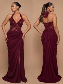 Glamrae Plus Size Elegant Luxurious Red Halter Neck Bustier With Boning And Lace Patchwork Satin Ruched Slit Back Tie Mermaid Skirt, Suitable For Wedding, Party, Bachelorette, Vacation, Prom, Evening Gala - Burgundy - View 9