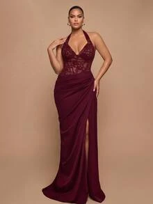 Glamrae Plus Size Elegant Luxurious Red Halter Neck Bustier With Boning And Lace Patchwork Satin Ruched Slit Back Tie Mermaid Skirt, Suitable For Wedding, Party, Bachelorette, Vacation, Prom, Evening Gala - Burgundy - View 5