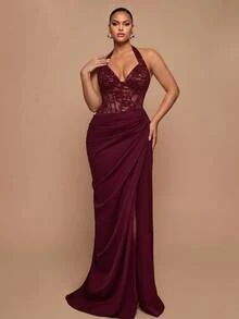 Glamrae Plus Size Elegant Luxurious Red Halter Neck Bustier With Boning And Lace Patchwork Satin Ruched Slit Back Tie Mermaid Skirt, Suitable For Wedding, Party, Bachelorette, Vacation, Prom, Evening Gala - Burgundy - View 7