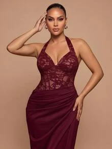 Glamrae Plus Size Elegant Luxurious Red Halter Neck Bustier With Boning And Lace Patchwork Satin Ruched Slit Back Tie Mermaid Skirt, Suitable For Wedding, Party, Bachelorette, Vacation, Prom, Evening Gala - Burgundy - View 6