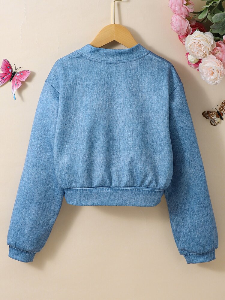 SHEIN 青少年女孩秋季服飾 彩色卡通印花丹寧效果短版拉鍊棒球夾克，Y2K街頭風可愛K-Pop街頭風格校園校外穿搭 - 藍色 - 查看 3
