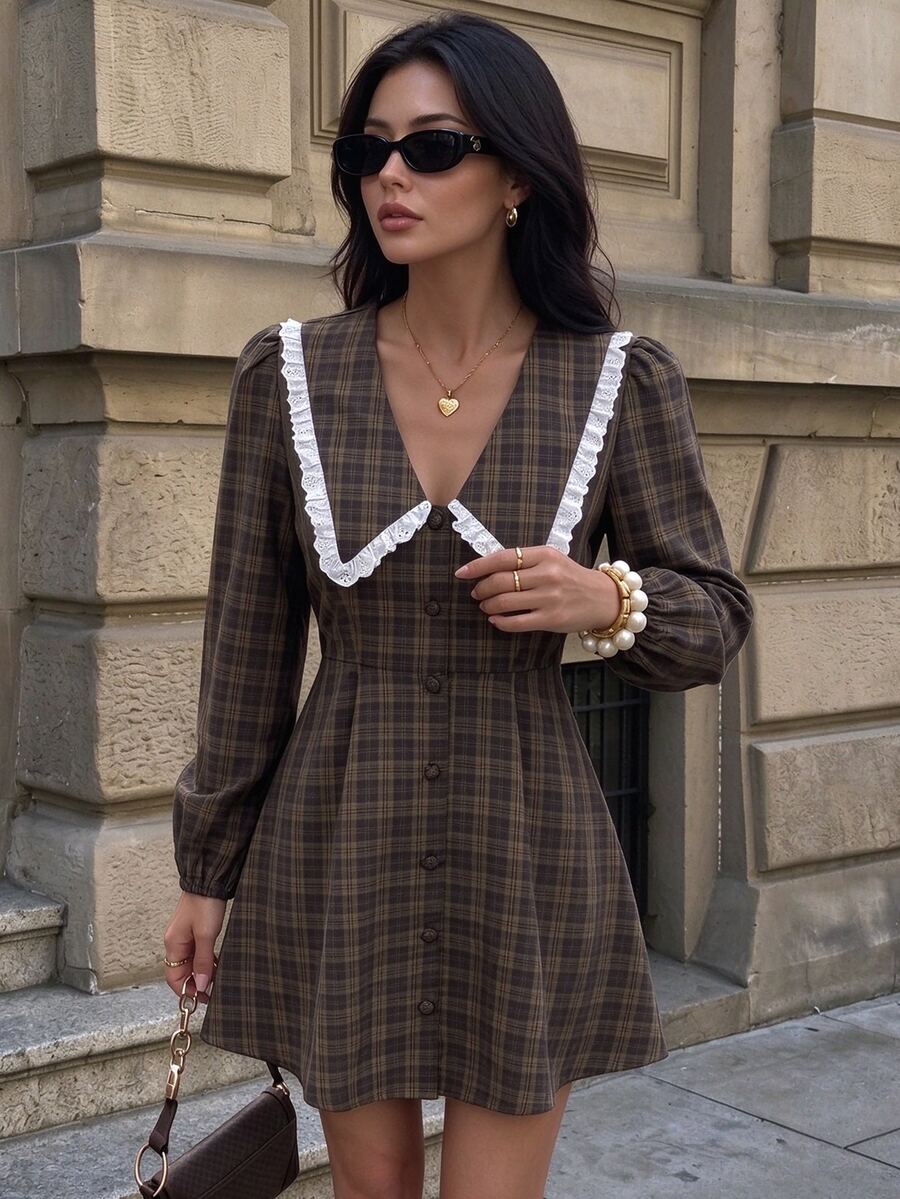 SHEIN PariChic فساتين قصيرة للنساء المدرسة يومي الخريف عتيق لطيف - بني - مشاهدة 1