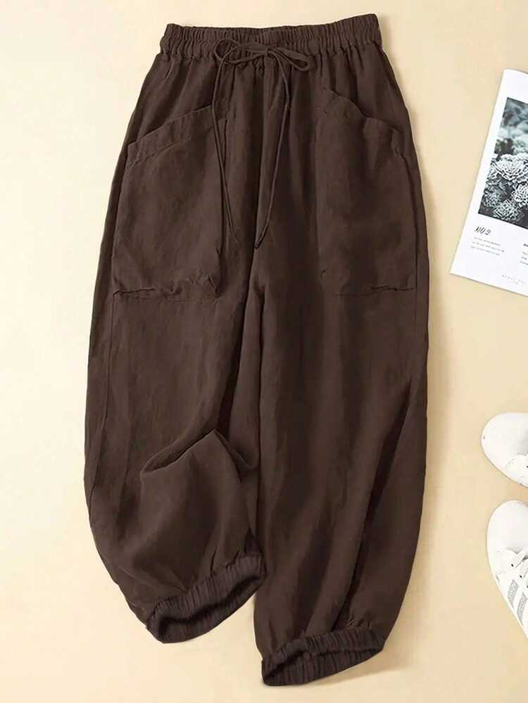 EMERY ROSE Pantalones casuales sueltos de talla grande para mujer, unicolor, con lazo en la cintura y puño elástico - Marrón - Añade 6