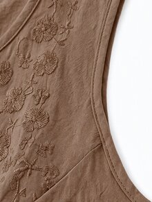 Linhara Plus Size Women's Minimalist Solid Color Cotton Linen Round Neck Embroidered Sleeveless A-Line Midi Dress, Suitable For Summer Casual Vacation - Camel - View 4