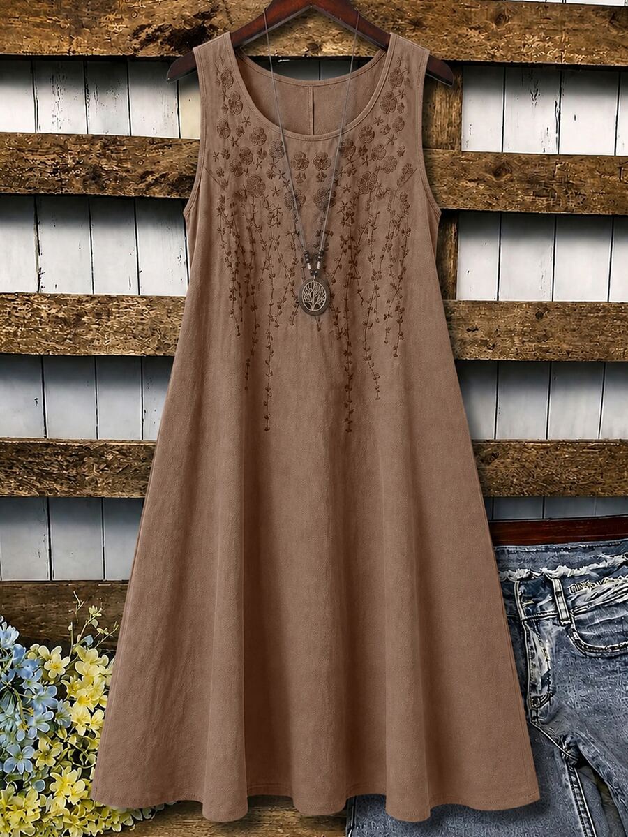 Linhara Plus Size Women's Minimalist Solid Color Cotton Linen Round Neck Embroidered Sleeveless A-Line Midi Dress, Suitable For Summer Casual Vacation - Camel - View 1