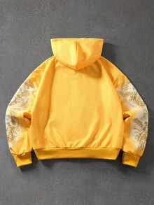 ROMWE MEN Men's Loose Waffle Fabric Angel Print Zip-Up Hoodie - Yellow - View 3