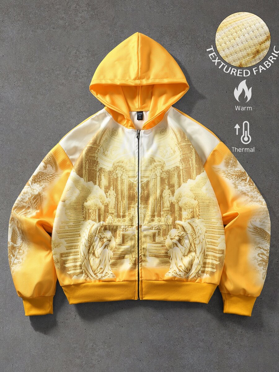 ROMWE MEN Men's Loose Waffle Fabric Angel Print Zip-Up Hoodie - Yellow - View 1