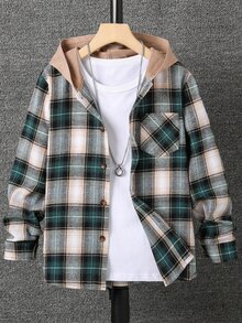 SHEIN Vacaura Tween Boy Plaid Patched Pocket Hooded Shirt Without Tee - Multicolor - View 6