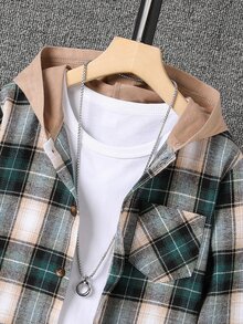 SHEIN Vacaura Tween Boy Plaid Patched Pocket Hooded Shirt Without Tee - Multicolor - View 3