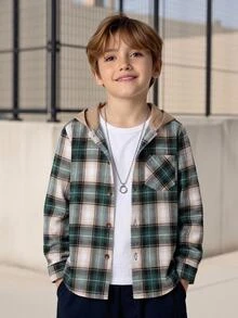 SHEIN Vacaura Tween Boy Plaid Patched Pocket Hooded Shirt Without Tee - Multicolor - View 1